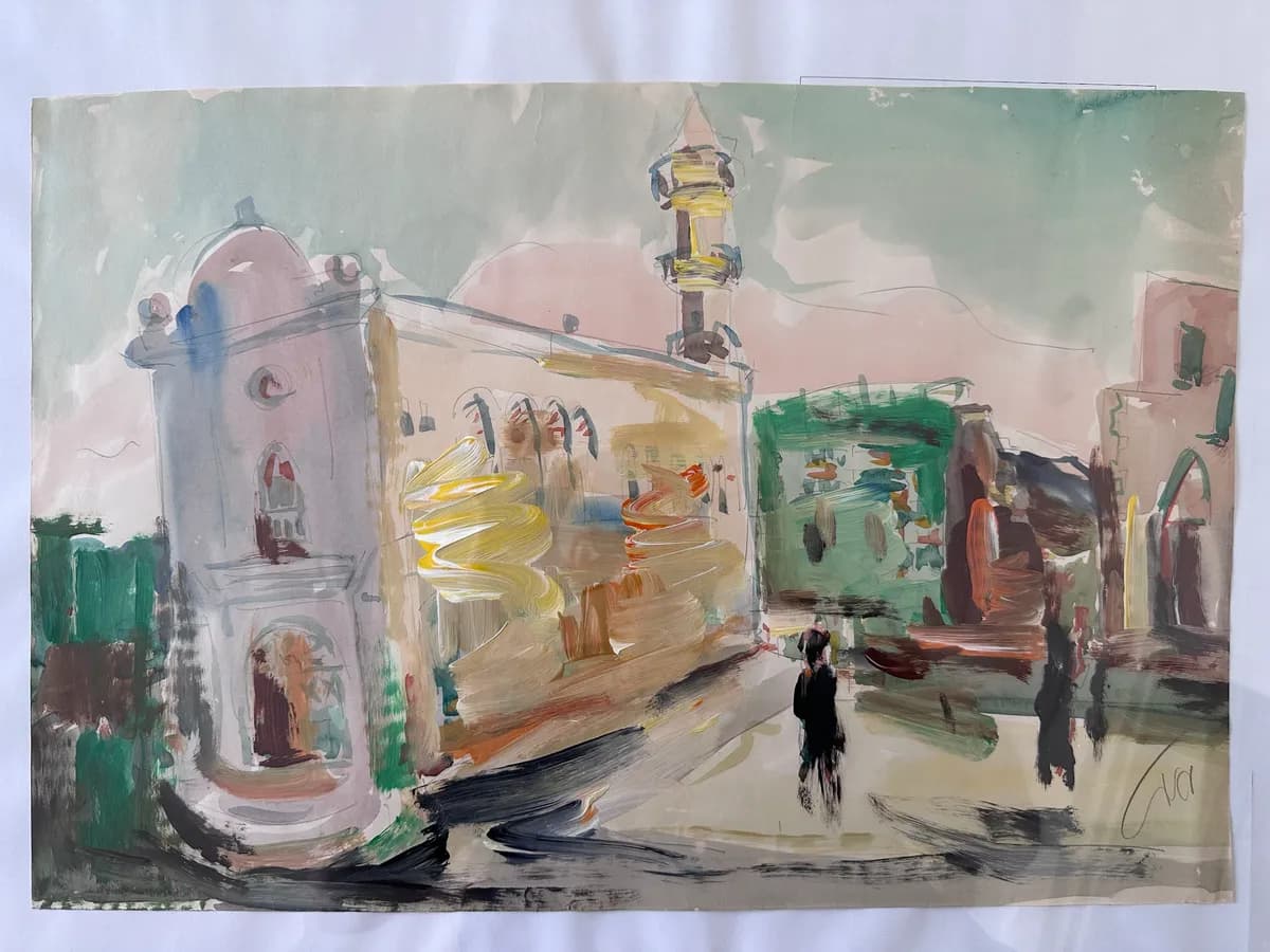 Mordechai Avniel Original Signed Mixed Media on Paper, Cityscape with Minaret, 51x34 cm
