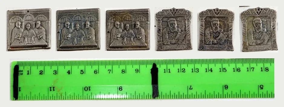 Lot of 6 Vintage Jewish Sages Metal Plaques, Elders at Study and Rabbi with Book, Bezalel Style
