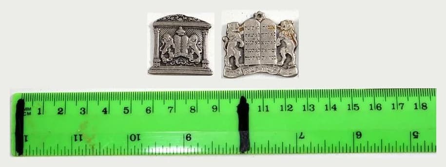 Pair of Vintage Judaica Metal Plaques, Torah Ark and Ten Commandments with Lions, Bezalel Style
