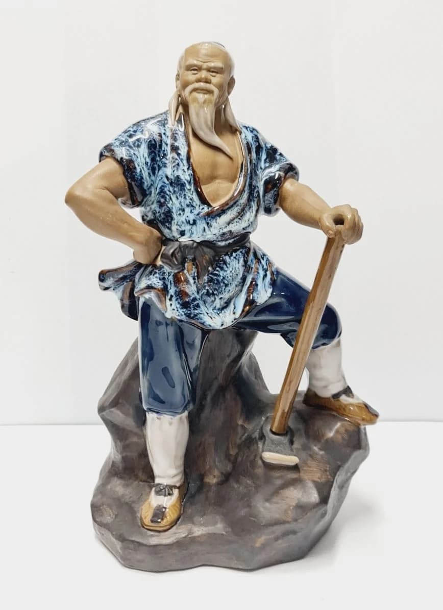 Chinese Shiwan Glazed Ceramic Woodcutter Figure with Axe, Seal Mark, 25 cm